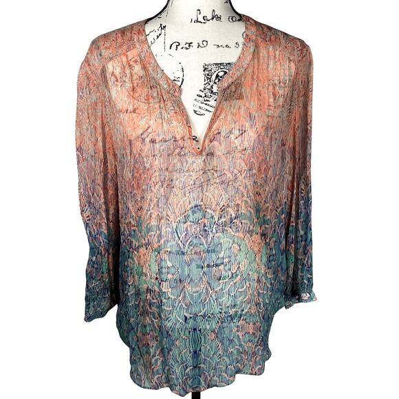 Lucky Brand Sz XL Sheer Long Sleeve V-Neck Tunic Ombre Pink to Blue Coverup Boho - Picture 1 of 10